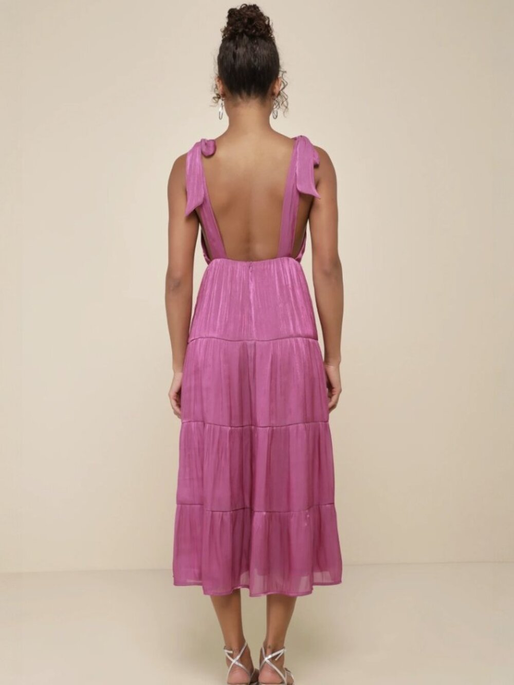 Lulus Exemplary Shine Magenta Organza Tie-Strap Tiered Midi Dress​ NWT - Picture 3 of 7